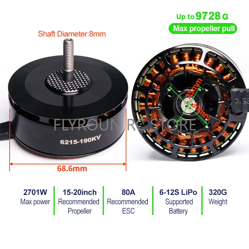 6215 200KV Brushless Motor for 15-20 Inch FPV Heavy Lift Drone 6-12S LiPo 9728G Pull UAV Professional Payload Customize Aluminum