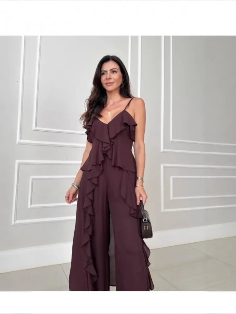 2025 Summer Solid Color Two Piece Set Women Chiffon V-neck Ruffle Edge Long Suspender Tops Trousers 2 Piece Sets Female Fashion