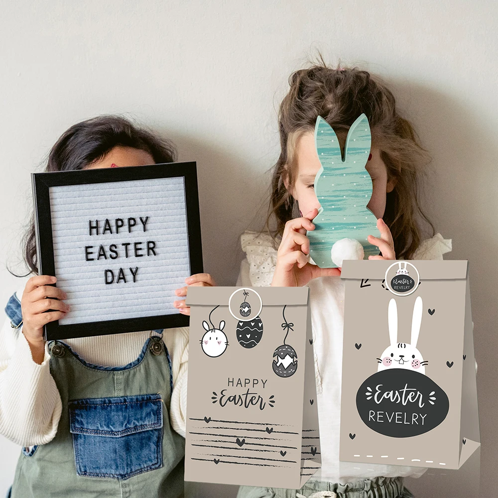 

LB150 12Pcs Grey Happy Easter Day Egg Festival Birthday Party Biscuit Kraft Paper Gift Bags with Stickers Rabbit Party Decors