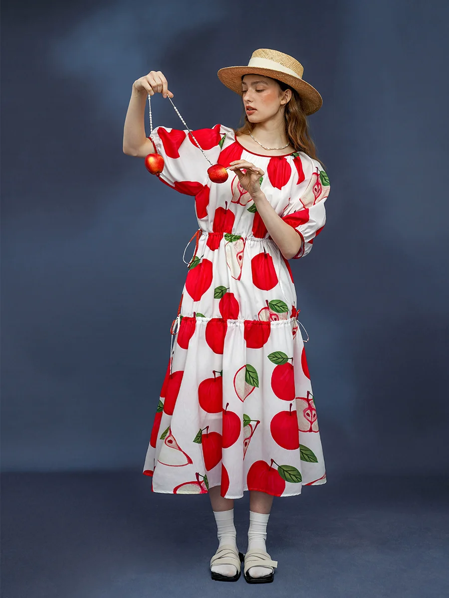 Spring Summer Original Design Women Vacation Style Oversized Red Apple Print Elastic Waist Dresses