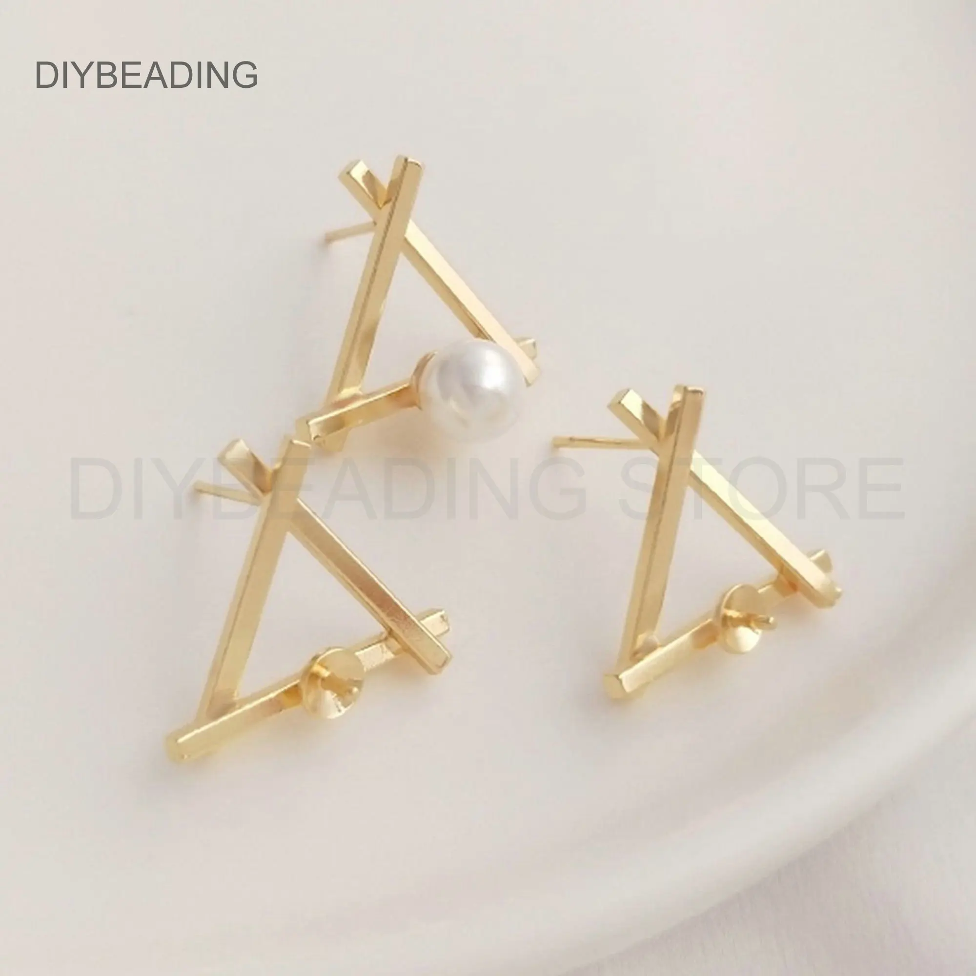 Earring Findings Lots Wholesale Supply 14K Gold Plated Brass Triangle Earring Post with 4mm Cup Peg for Half Drilled Pearl Beads