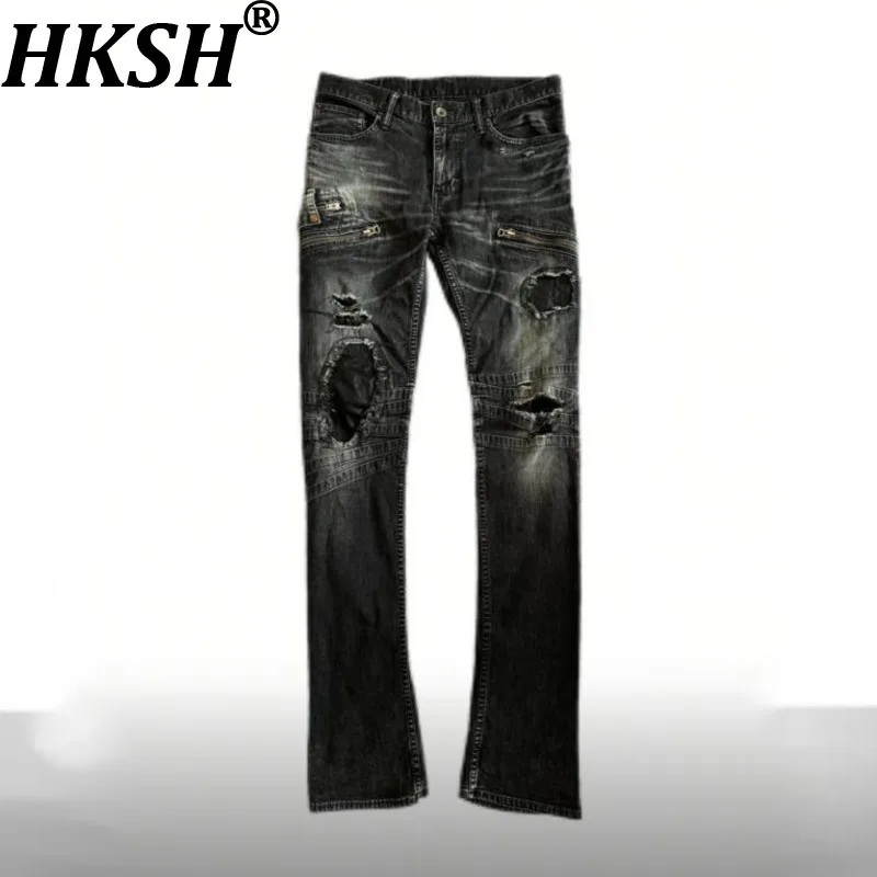HKSH Spring Autumn Summer New Men's Tide Dark Chic Ins Denim Pants Vintage Punk Distressed Leather Jeans Streetwear Vibe HK21671