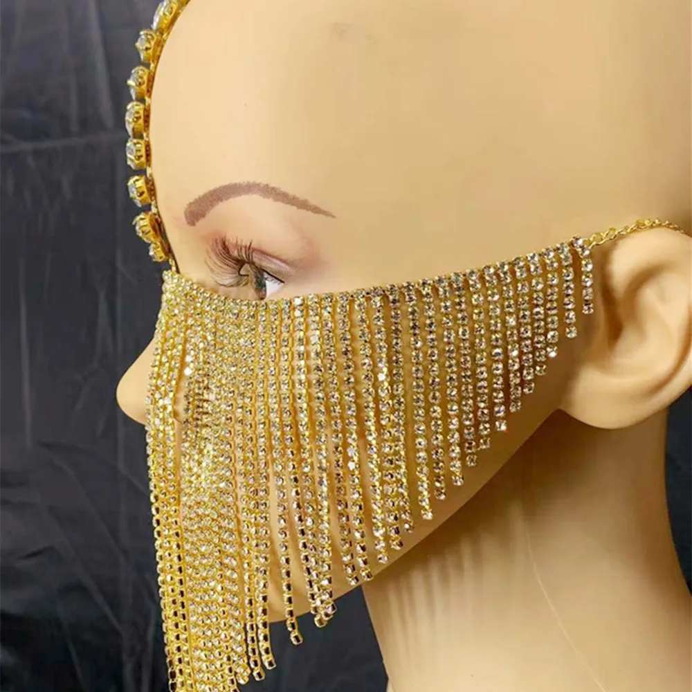 Luxury Sexy Black Rhinestone Tassel Masquerade Mask Face Chain Veil for Women Shiny Crystal Cosplay Head Face Decoration Mask