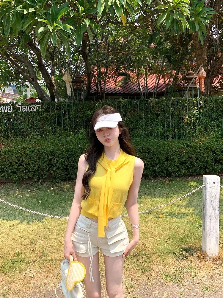 

Вязаный жилет NNS Cheese Sweet Lemon в университетском стиле с поясом, свитер с эффектом высокого качества, весенняя мода для женщин