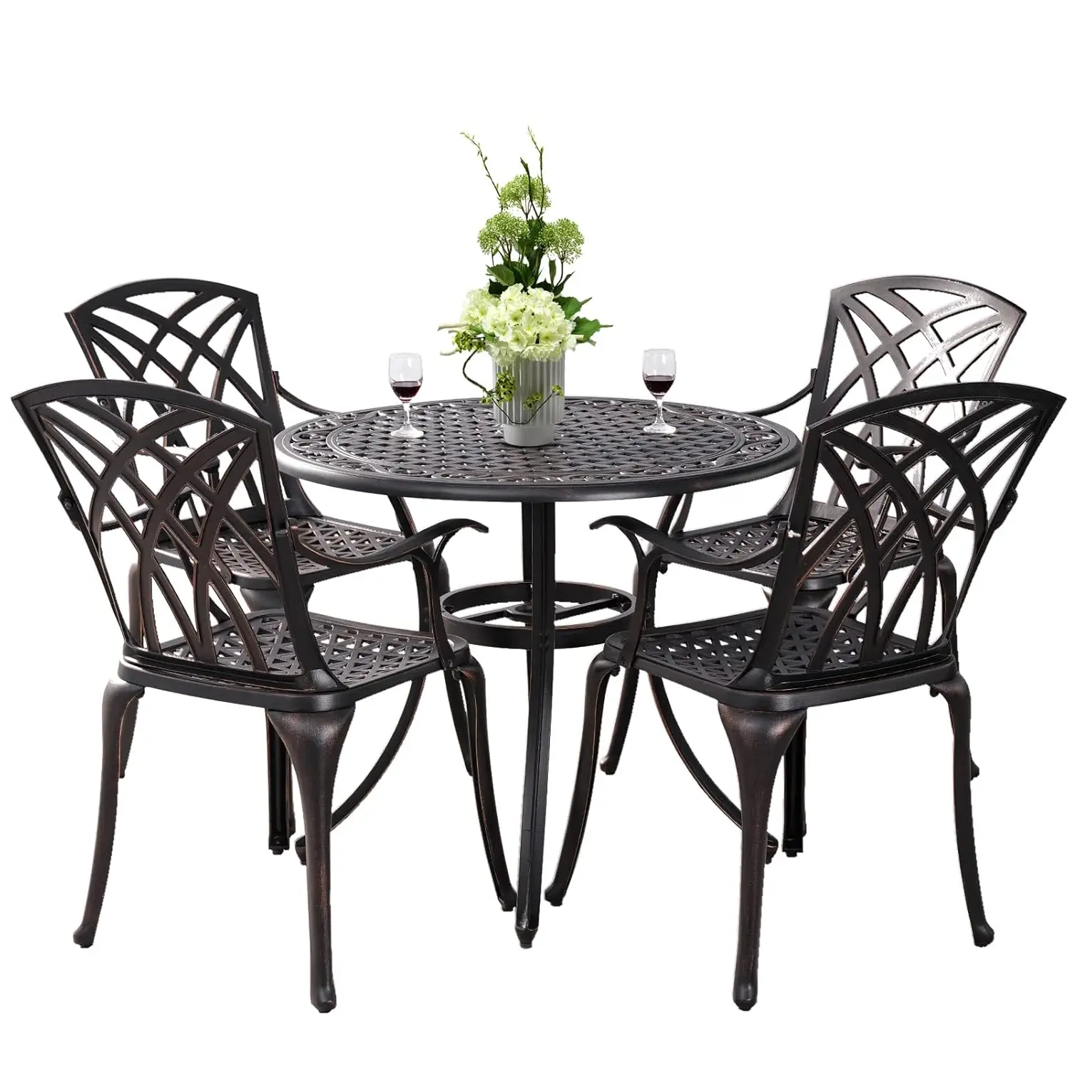 

5 Piece Outdoor Patio Dining Set Metal Round Table 1.97" Umbrella Hole Anti-Rust Chairs Garden Porch Poolside Bronze Customized