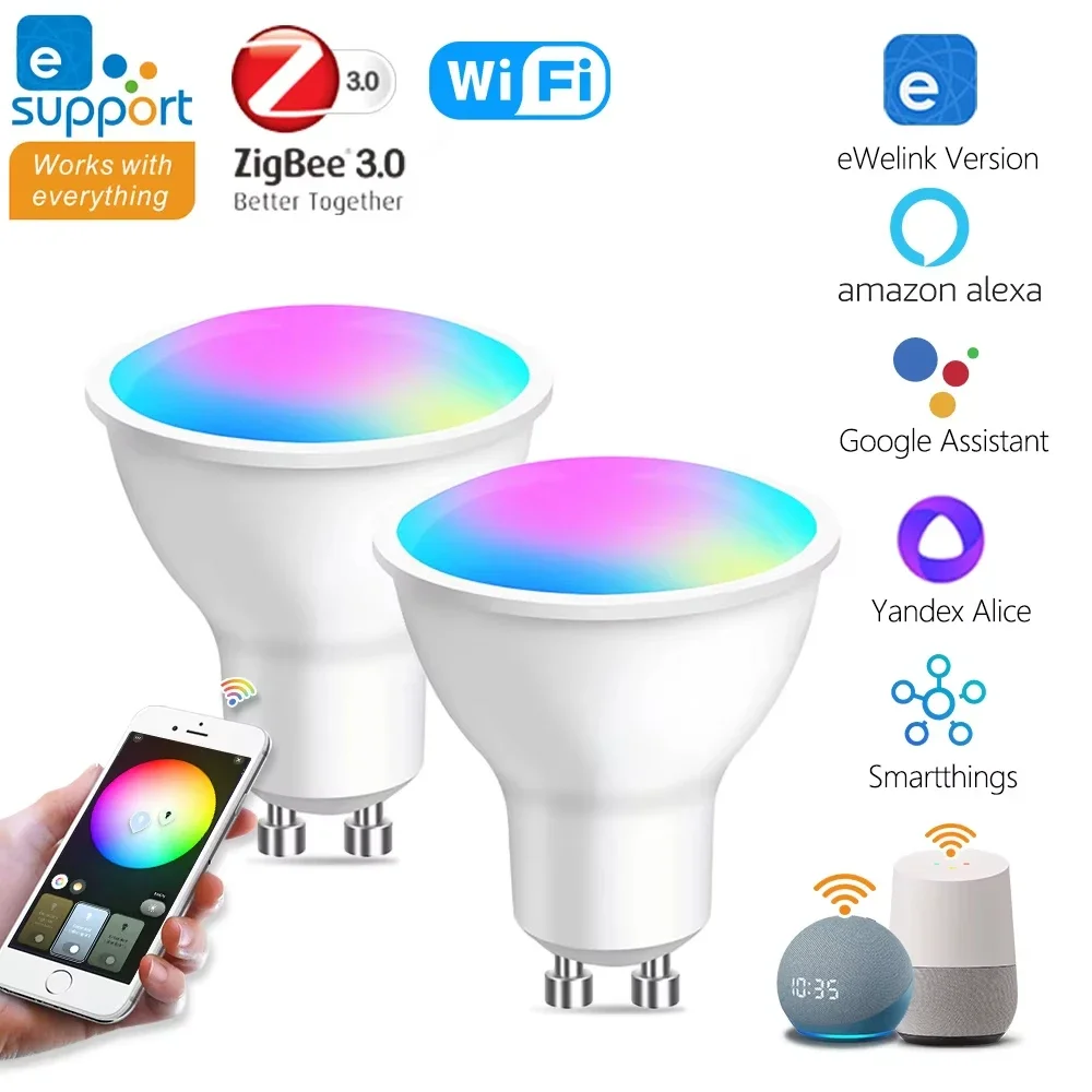 

Ewelink GU10 Smart LED WiFi Zigbee Spotlight Bulb RGB CW WW Dimmable APP Voice Control Lamp 85-265V for Alexa Google Smart Home