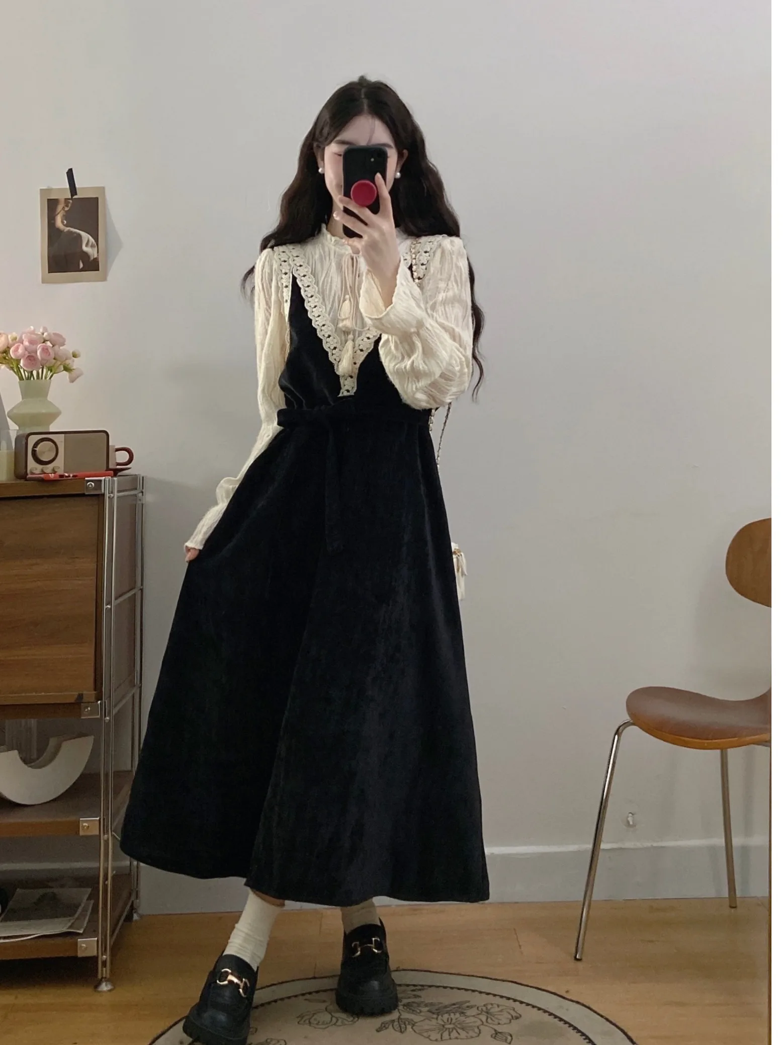 

plus Size Hepburn Sle Faux Two-Piece Dr Women's High Waist A-Line Skirt Ele Long Sve Commute Faion Autumn New