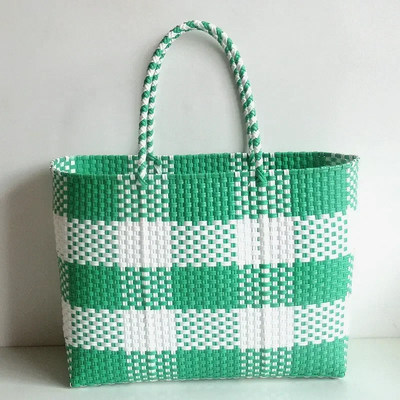 New Plastic Strip Woven Bag Large Square Plaid Handbag Tote Basket Vegetable Basket Bag Beach Bag Generous Bag