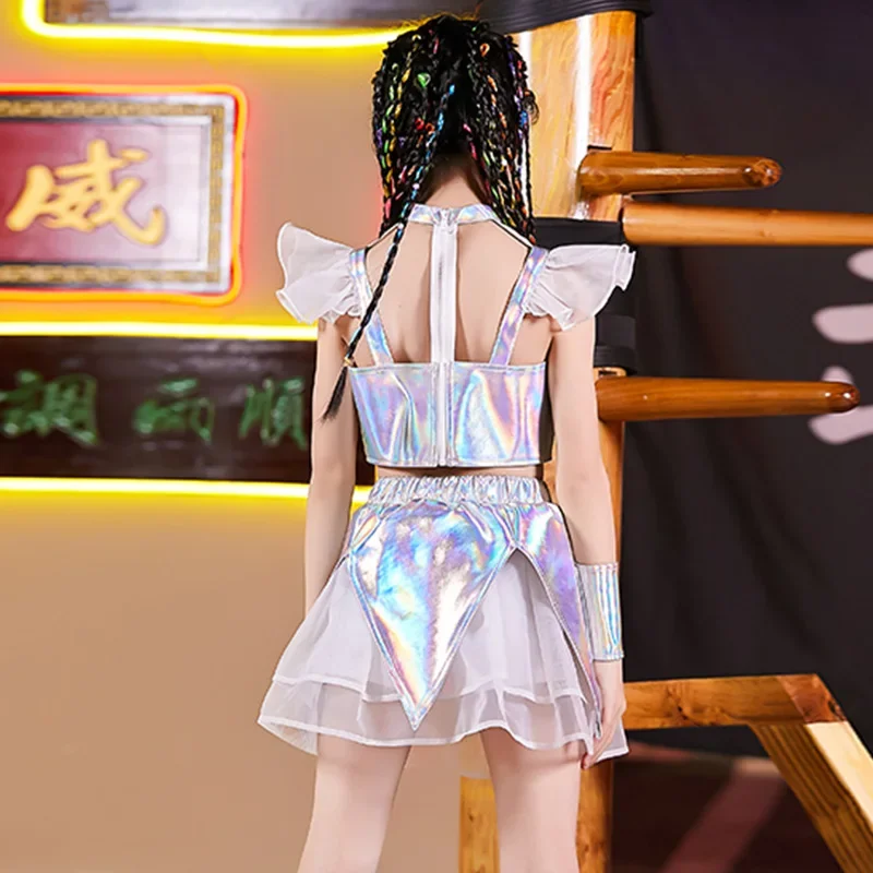 Children Jazz Dance Costume Silver Shirt Skirt Girl Hip Hop Clothing Fashion Catwalk Stage Outfit Kids Modern Show Wear