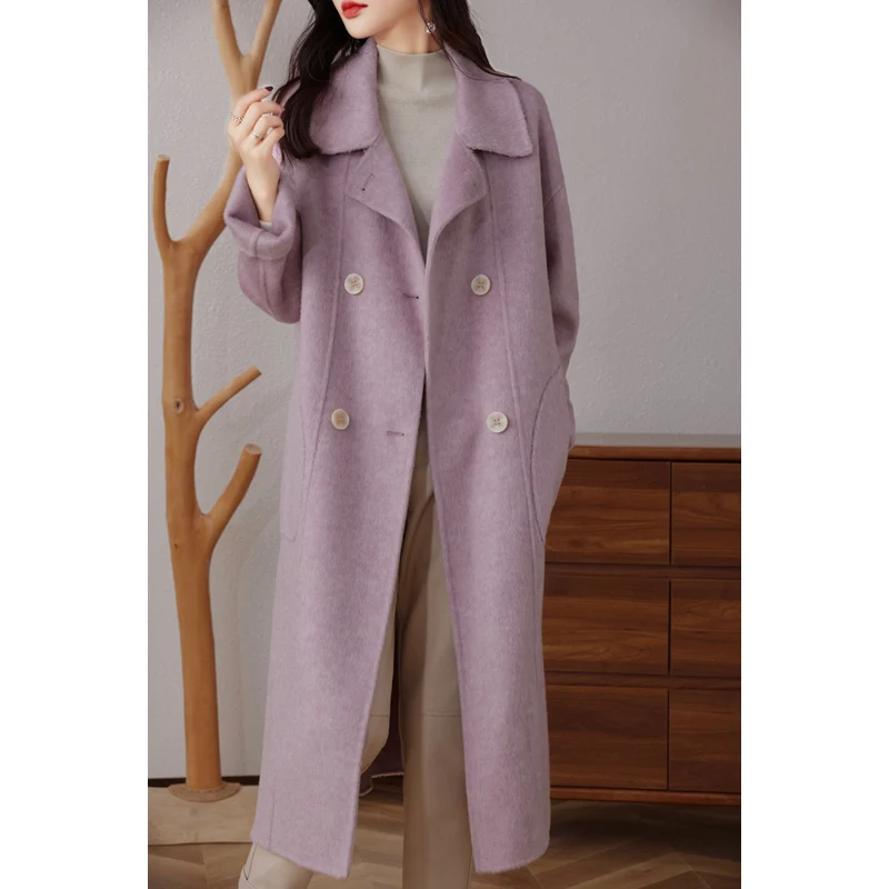 Women's High-End Double-Sided Cashmere Coat, Mid-length, Over-the-Knee, Double-Breasted, 100% Pure Wool