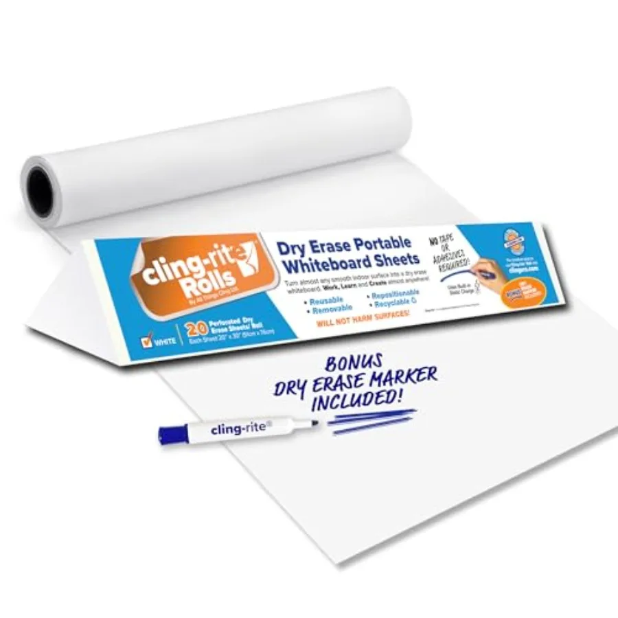 

Dry Erase Cling-rite Roll Basic - Removable, Recyclable Whiteboard, 50' Feet Roll, 20x30 Inch Sheets for School, Home, Office D
