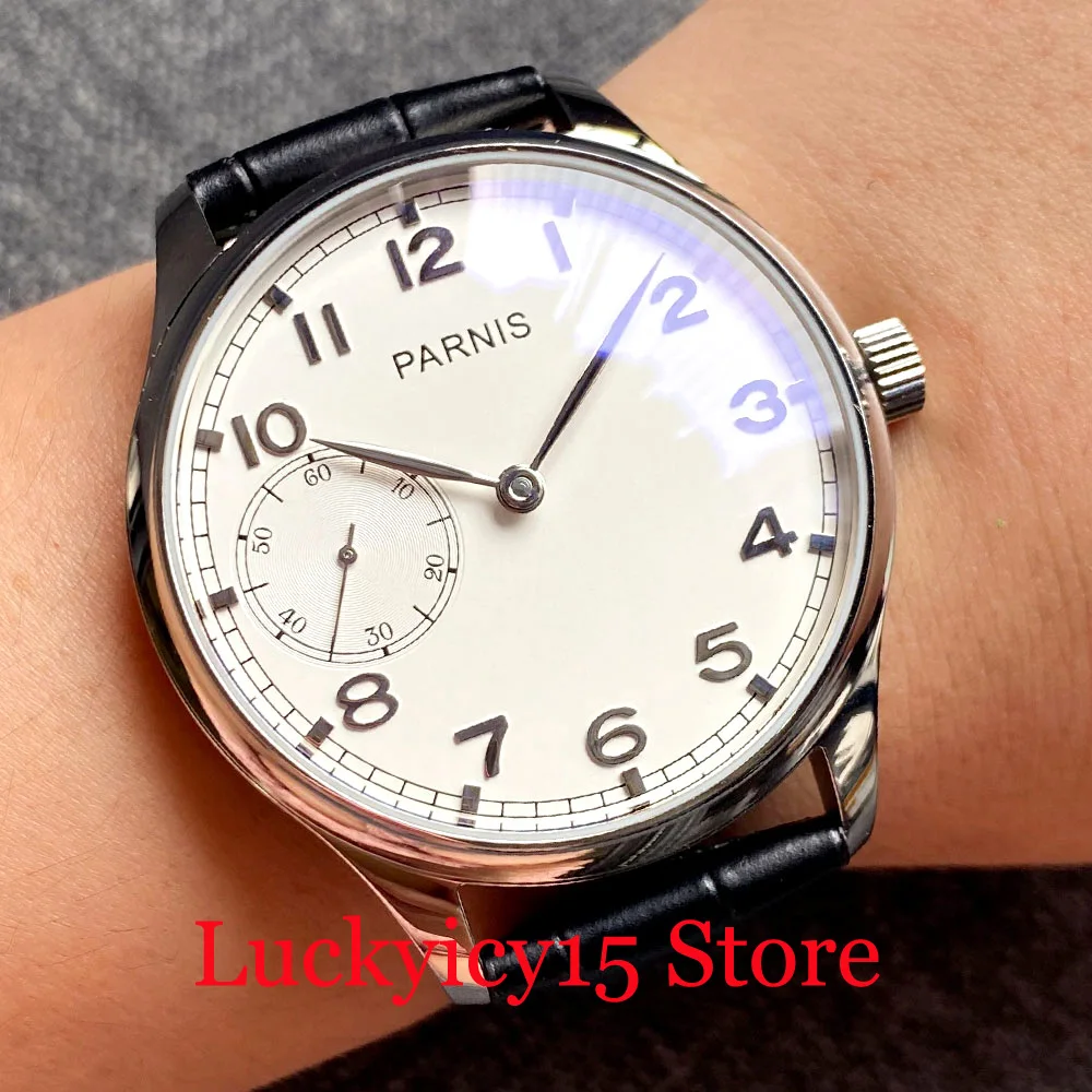 PARNIS Dress Mechanical 44MM 6497 Movement Hand Winding Men Wristwatch Black/White Dial Polished Bezel Leather Strap
