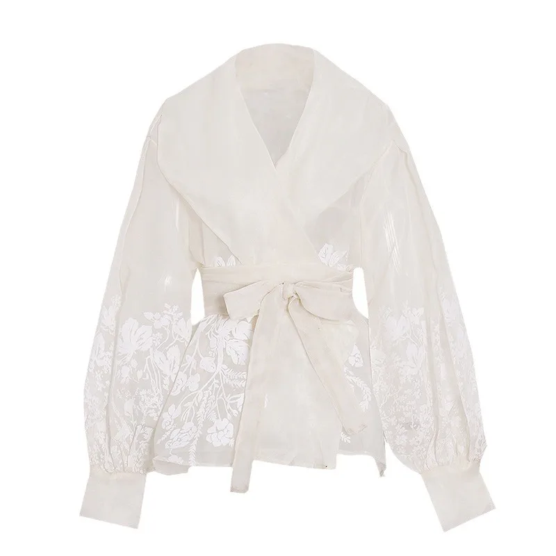 Blus Wanita Lengan Panjang Trendy dengan Kerut, Kerah Mock Neck, Berlapis Ruffle, Kasual, Bahan Chiffon Transparan, Model Pendek