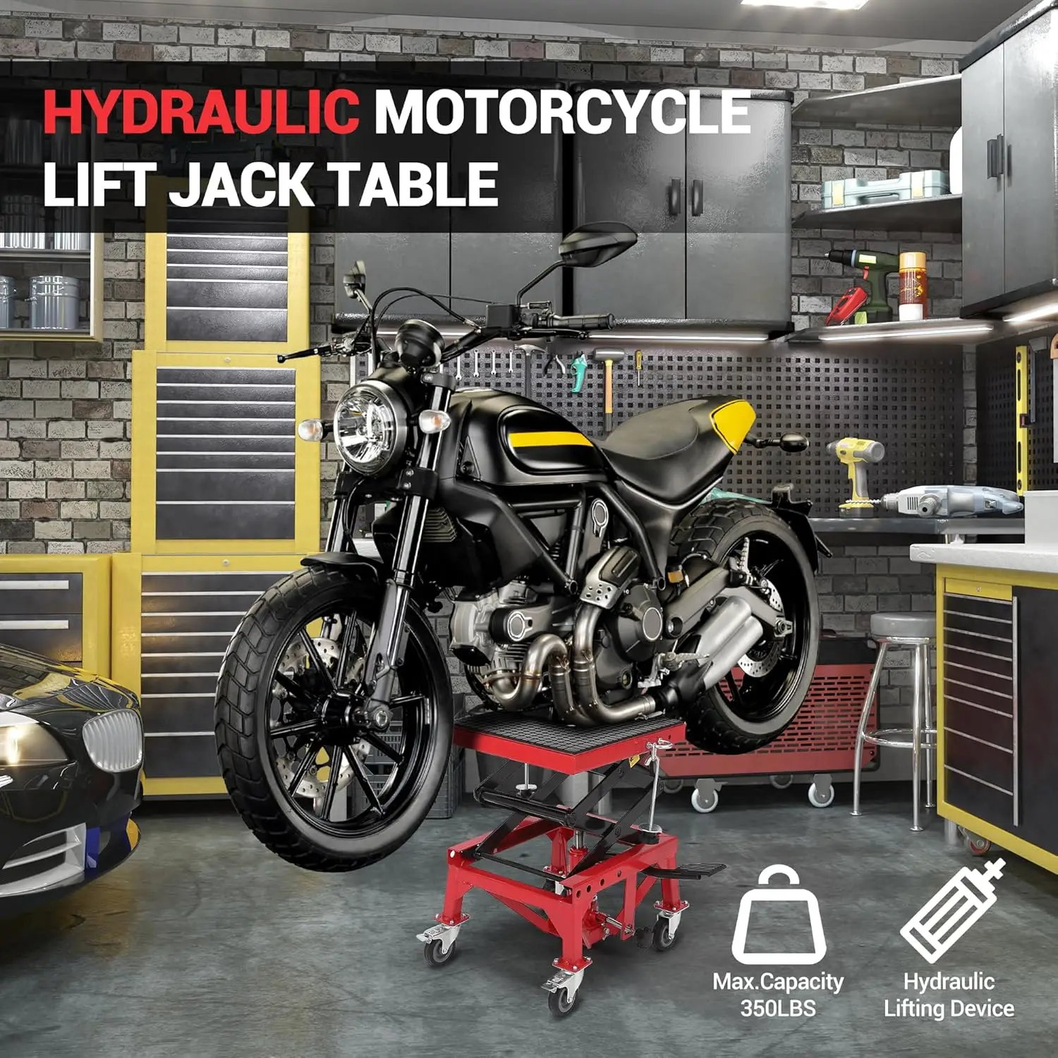 Hydraulic 350LBS Motorcycle Lift Jack Foot-Pump Scissor Lift Table Height Adjustable 13.78-34.25