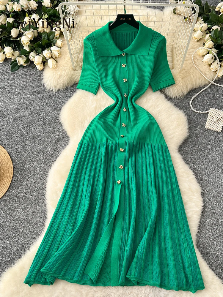 Beiyingni French Retro Women Long Dresses Elegant Khaki Short Sleeve Knit Dress Ladies Slim Waist Versatile White Casual Dresses