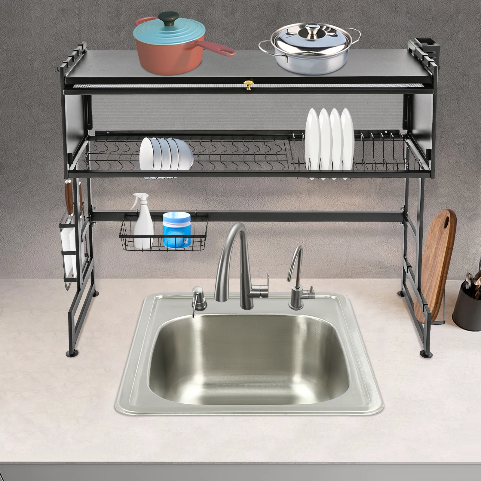 2-tiers Dish Drying Rack Carbon Steel Cutlery Drainer Versatile Appearance Easy To Install  95*30*80cm Kitchen Storage