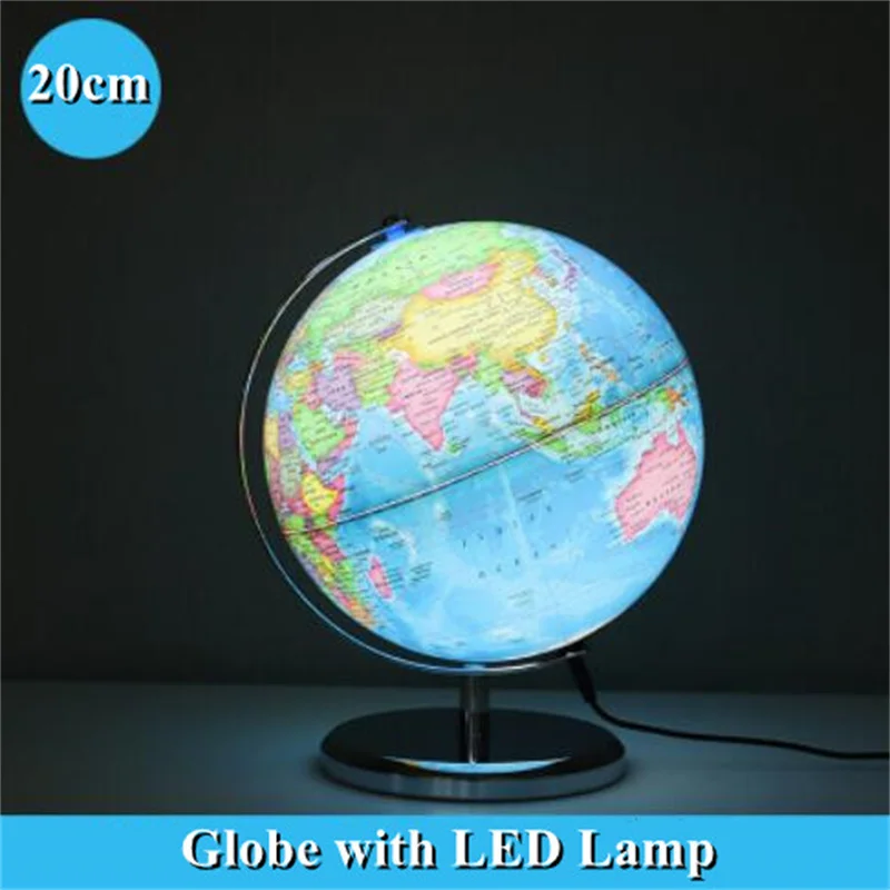 Esfera de Metal con luces LED impresas en HD, globo del mundo inglés completo, 20cm de diámetro, para enseñanza de escritorio, ABS, rotación de 360