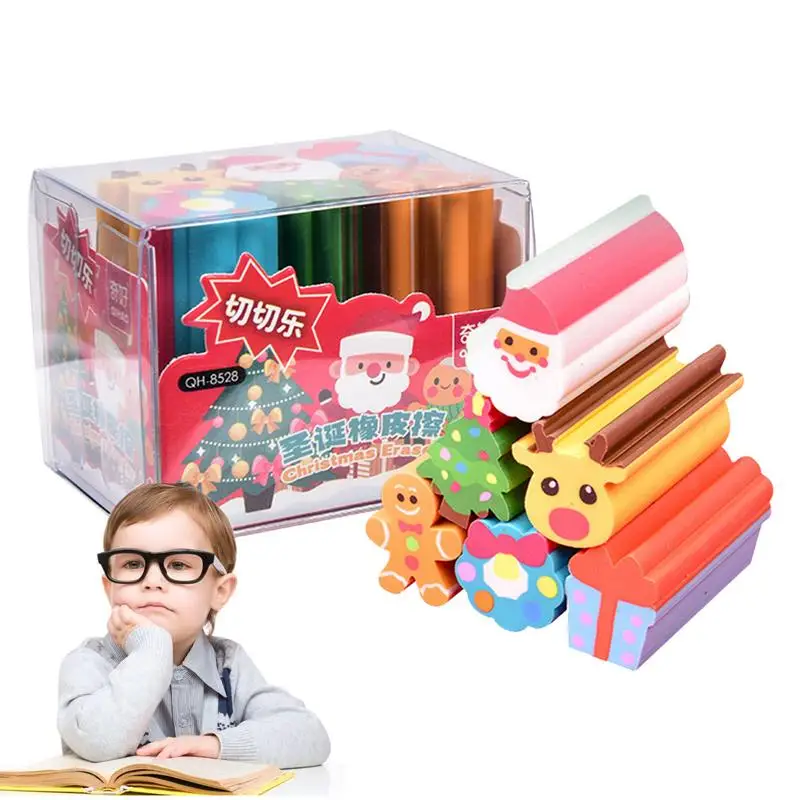 Christmas Pencil Erasers Set Of 6 Long Santa Pencil Erasers Colorful Snowman Elk Erasers Cute Winter Holiday Erasers 3D For Home