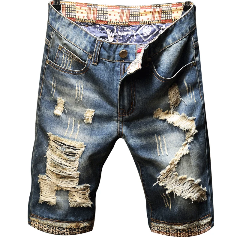 

Men's Vintage Washed Ripped Denim Shorts Summer Knee-Length Distressed Jeans Streetwear Hip Hop Casual Patchwork Cuffed Shorts