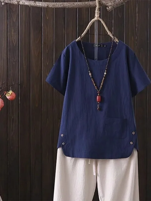 

Summer Cotton Linen ort Sve T-irt Women's Large Size Casual Retro Artistic Loose Faion Age-Defng Mommy's Top