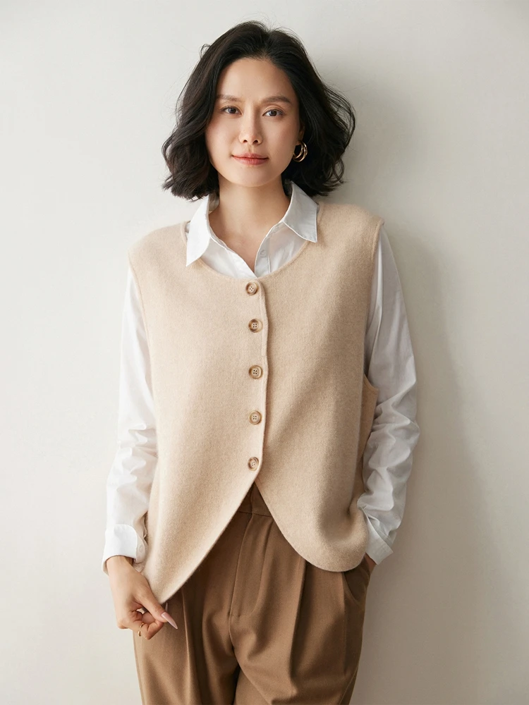 100% Cashmere Cardigan Vest Sweater Women Autumn Winter Single Breasted Sleeveless Fit Slimming Soild Knitted Waistcoat Elegant
