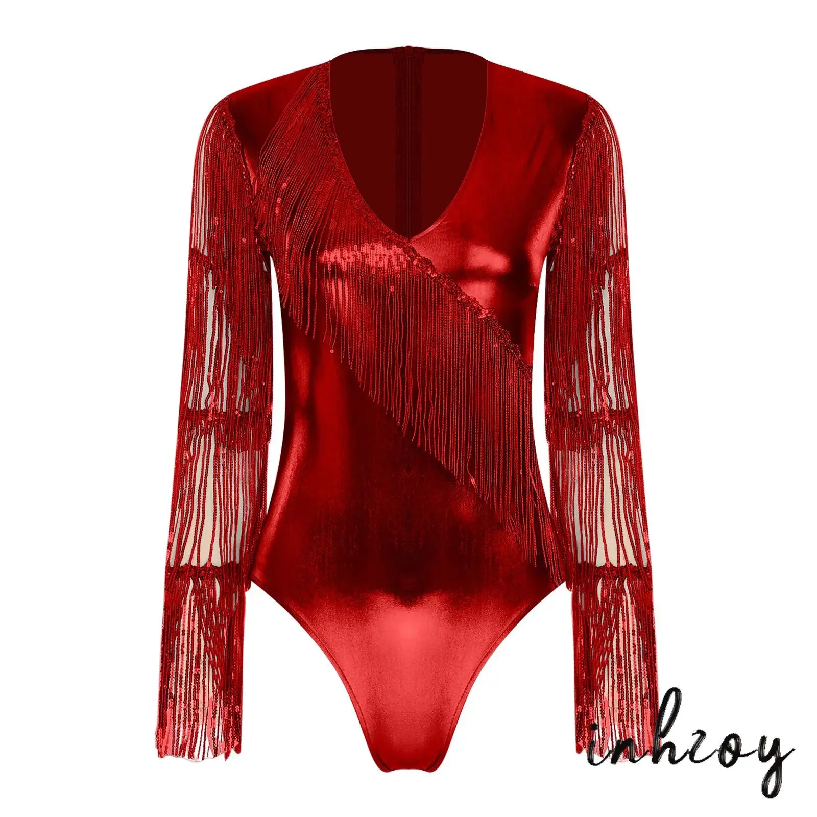 

Womens Metallic Shiny Club Bodysuit Tiered Sequin Tassel V Neck Mesh Long Sleeve Bodycom Jumpsuit for Stage Jazz Disco Dance