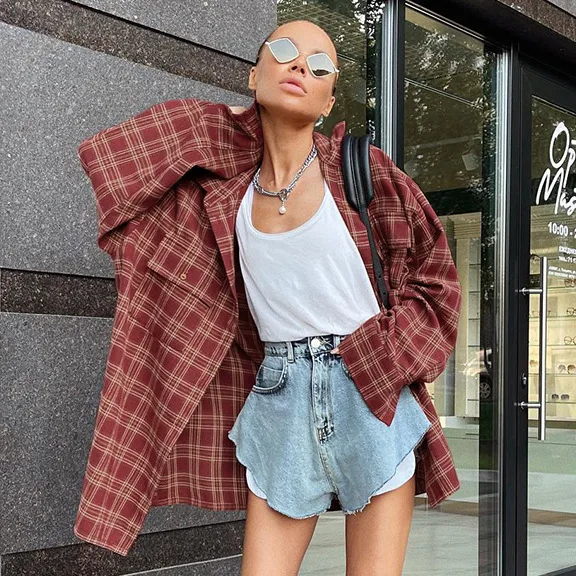 American Retro Brick Red Scottish Plaid Loose Long-sleeved Shirt 2025 Spring European And American Plaid Shirt Women's Clothing