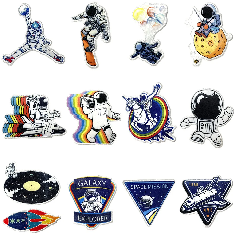 Space Themed Embroidered Cloth Patches Astronaut Spaceship Star Galaxy Patch Appliques Sticker for DIY Clothes Hat Bags Jeans