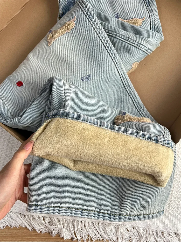 

Thickened Fleece Lined Embroidered Wide Leg Jeans Women's High Waist Long Pants Casual Style Winter Wear Resistant And Comfor...