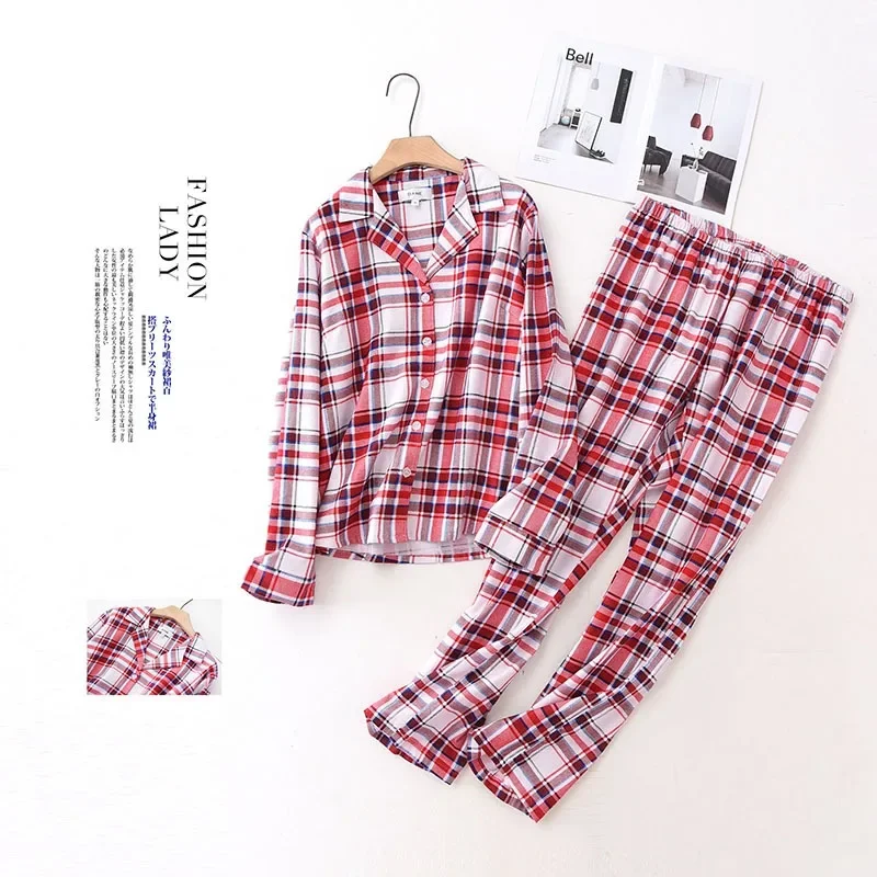 New Ladies Red Plaid Brushed Fabric Pajamas Long Sleeves Trousers Home Clothes Plus Size Loungewear Women Classic 2 Piece Sets