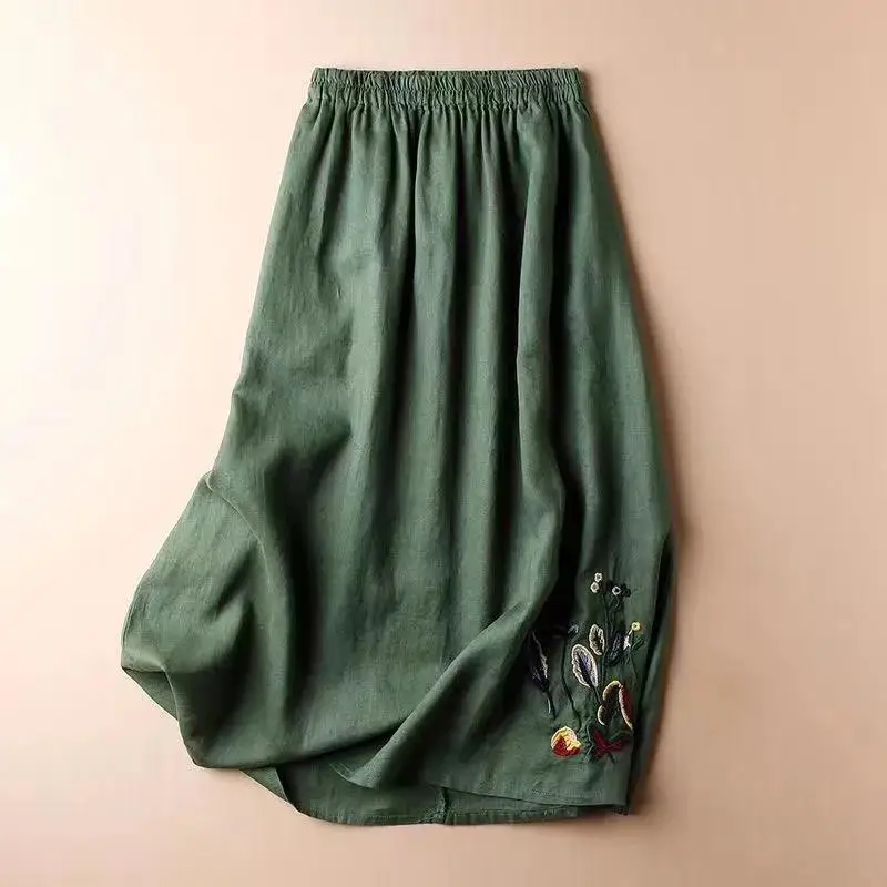 Women's Summer Cotton and Iinen Skirt New Fashion Retro Embroidery Solid Color Large Swing High Waist Mid-Length A-line Skirt