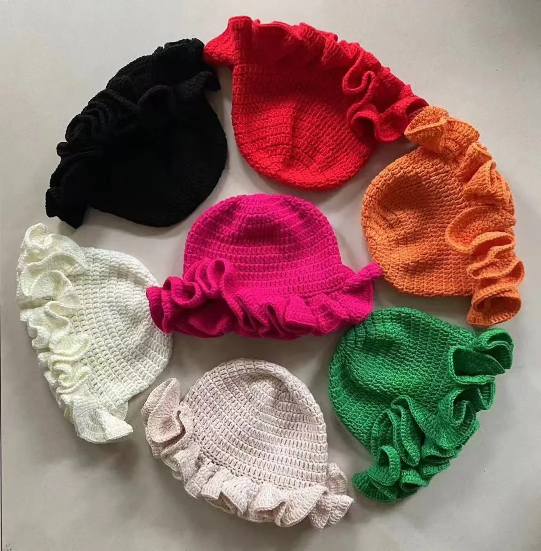 Winter Handmad Crochet Knitted Hat For Women Solid Color Fisherman Hats Ruffled Brim Bucket Cap Men Carnival Party Funny Gift