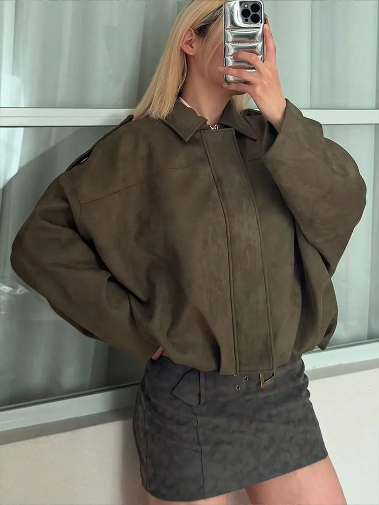 HH Damska Kurtka Bomberka z Zamszu w Stylu Vintage, Zapinana na Zamek, z Długim Rękawem, Jesień 2025, Luźna, Oversize, Casualowa Odzież Wierzchnia