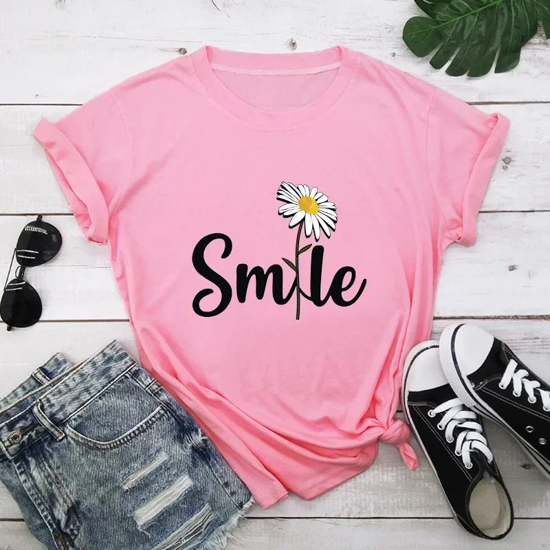 

Women T Shirt Smile Daisy Print Tshirt Women Short Sleeve O Neck Loose T-shirt Ladies Summer Causal Tee Shirt Clothes Graphic