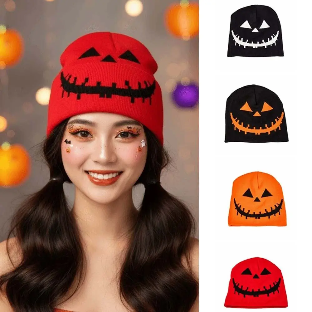 Knitted Fabric Pumpkin Beanie Hat Soft Texture Pumpkin Orange Halloween Knitted Cap Cuffed Brim Warm Hip Hop Skullcap