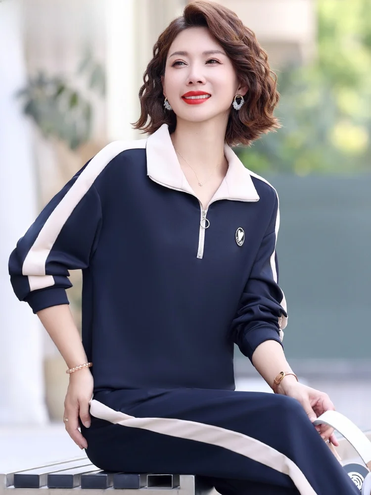 

Модный спортивный повседневный женский комплект из двух предметов с длинными рукавами для осени, для женщин среднего возраста, свободный крой, на молнии, полиэстер