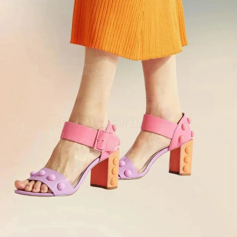 

Colorful Round Rivets Design Open Toe Sandals Buckle Strap Women Shoes Chunky High Heels Party Dating 2025 Zapatos Para Mujere