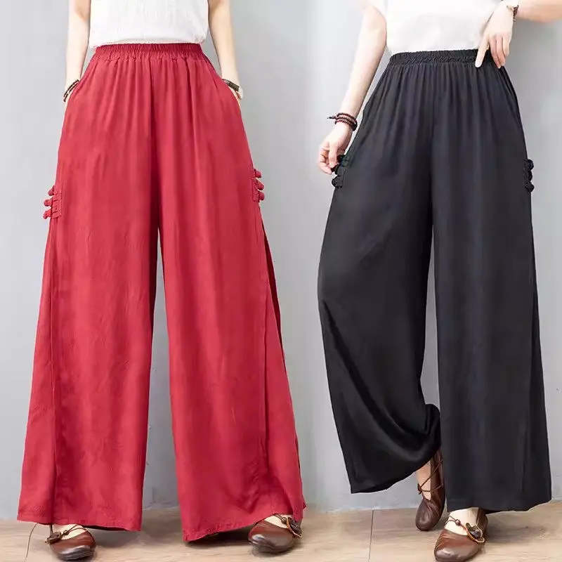 

Summer Thin Ethnic Style Jacquard Button Up Wide Leg Women's Oversized Pants Mothers Oversized Casual Straight Trousers k1364