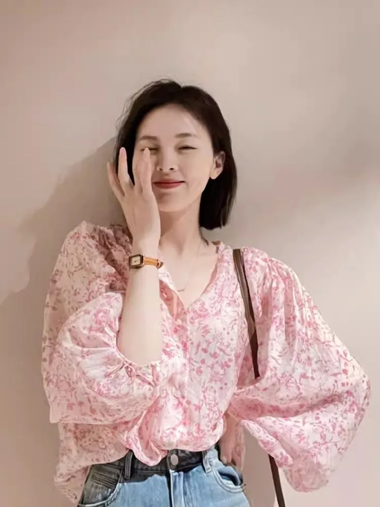 

Pink Floral Print Bubble Sleeve Shirt Women's Summer Thin Spring Autumn Sun Protection Super Fairy Gentle Sweet Top Shirt