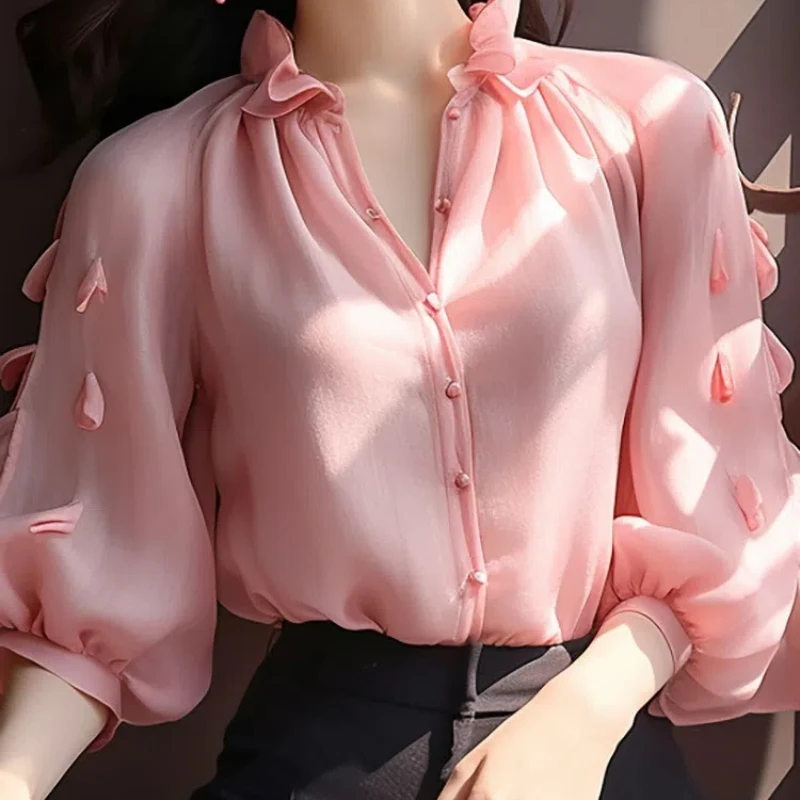 Spring Autumn New Fashion Solid V-neck Long Sleeve Shirts Women\'s Clothing Puff Sleeve Patchwork Cardigan Korean Thin Blouses