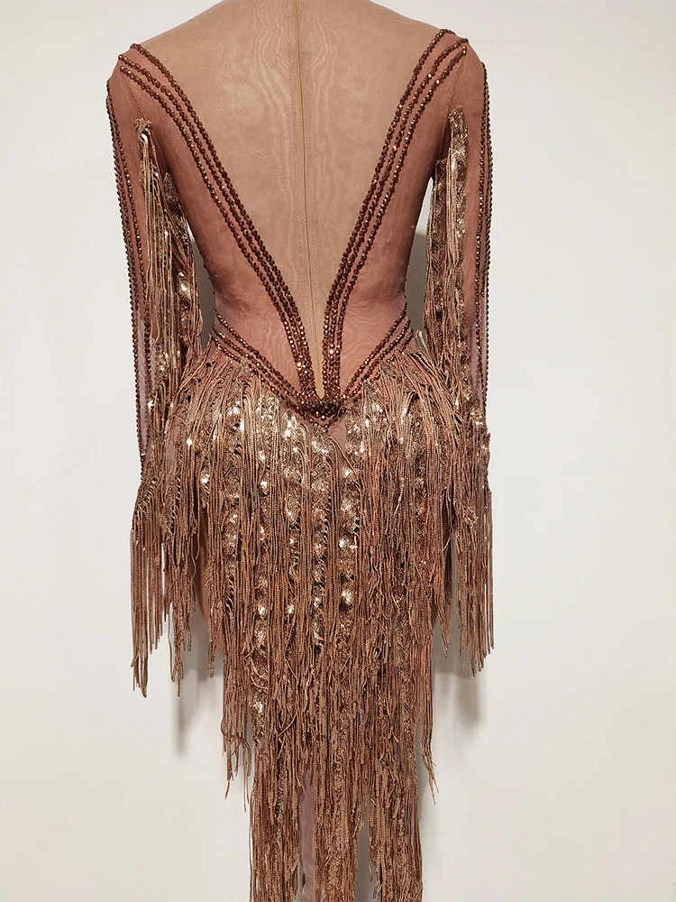 Vestido sexy marrón drag queen con borlas, Ropa de baile latino para mujer, celebración de pasarela, espectáculo, fiesta, club nocturno, actuación, traje de cantante