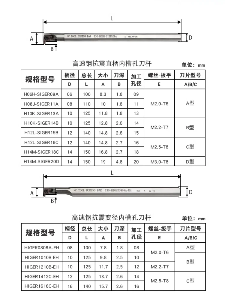 SIGER HSS Anti-vibration Handle HIGER1010B-EH H08J-SIGER11A CNC Inner Hole Grooving Cutter Rod High Speed Steel Use GER-A/B/C/D