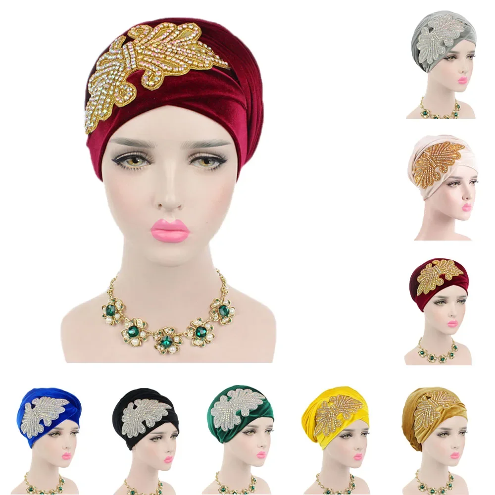 

Latest African Women Diamonds Hijab Scarf Muslim Plain Velvet Hijabs Turban Cap Islamic Head Scarf Bonnet Long Tail Scarf Hat