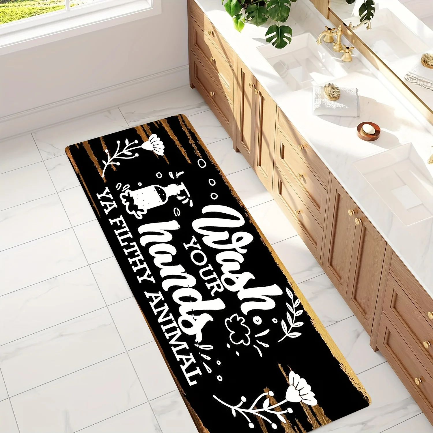 Black Gold Floral Runner Mat Anti Slip Water Absorbent Funny Hand Wash Slogan Decor Print Carpet for Kitchen Bedroom Bathroom