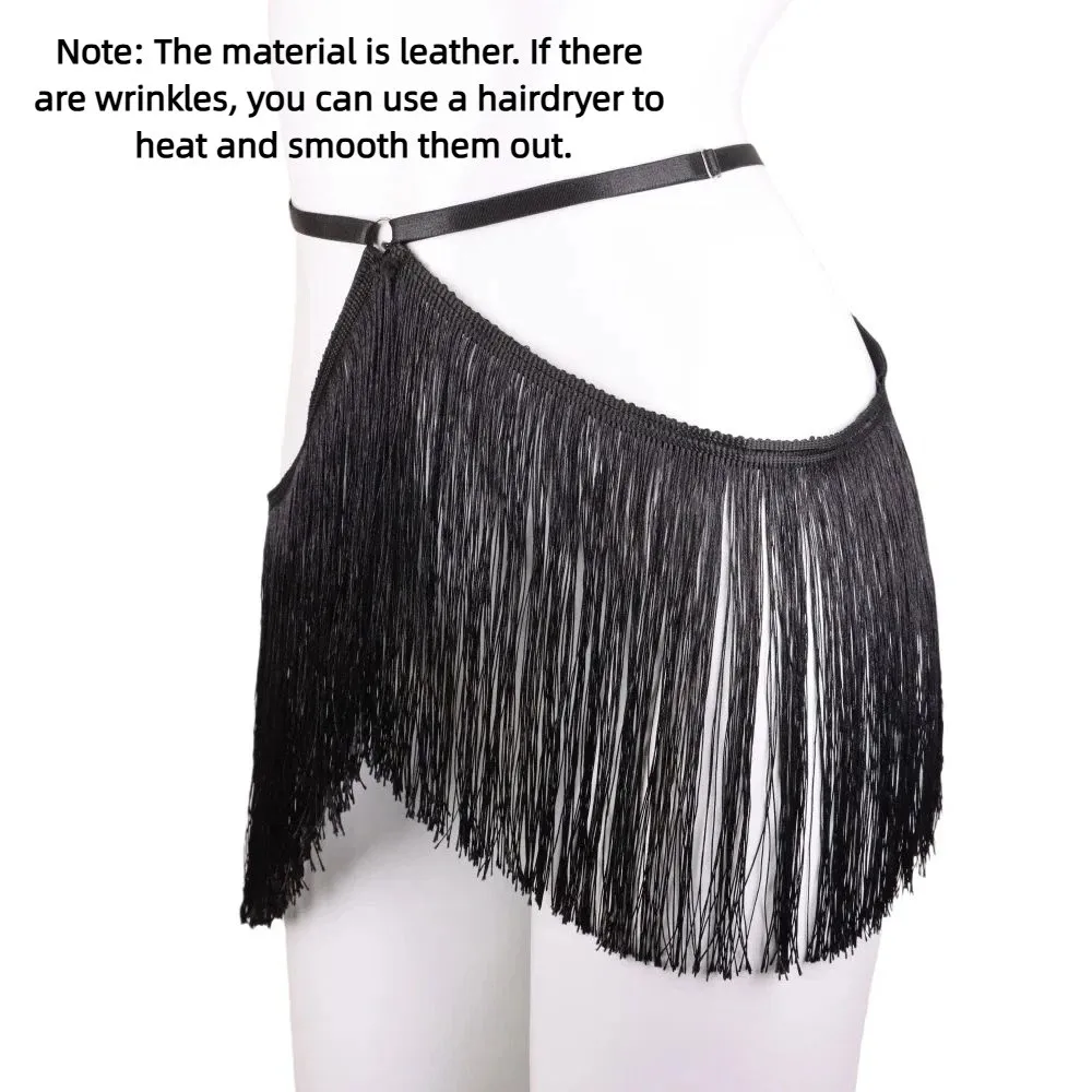 신상 조절 가능한 프린지 벨트 스커트 블랙 엘라스틱 웨이스트 하네스 부드러운 가죽 댄스 벨트