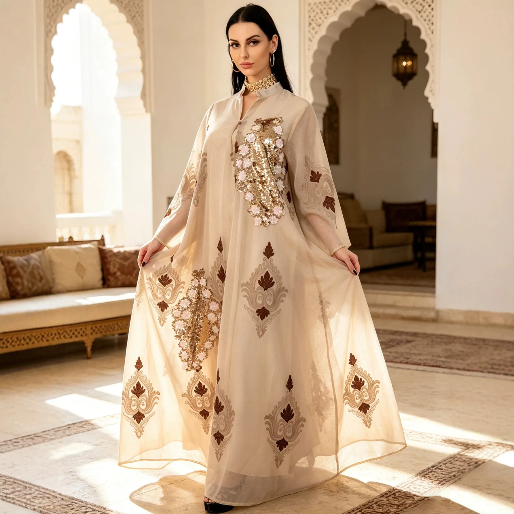 

Ethnic Clothing, Long Robe, Women's Dress, Sequin Leaf Embroidery, Long Skirt, Fashionable And Elegant Dress Islam Elegant