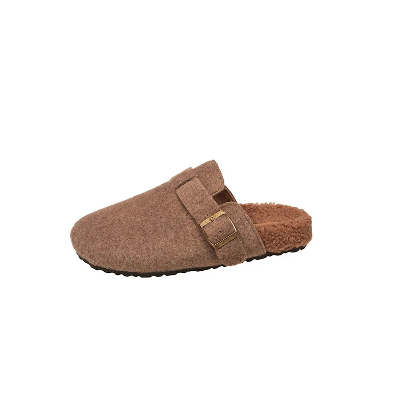 2025 المرأة الشتاء البغل النعال موضة ورأى الجلد المدبوغ الصوف نعال من القطن مع مشبك قابل للتعديل سيدة منزل نعال مسطحة