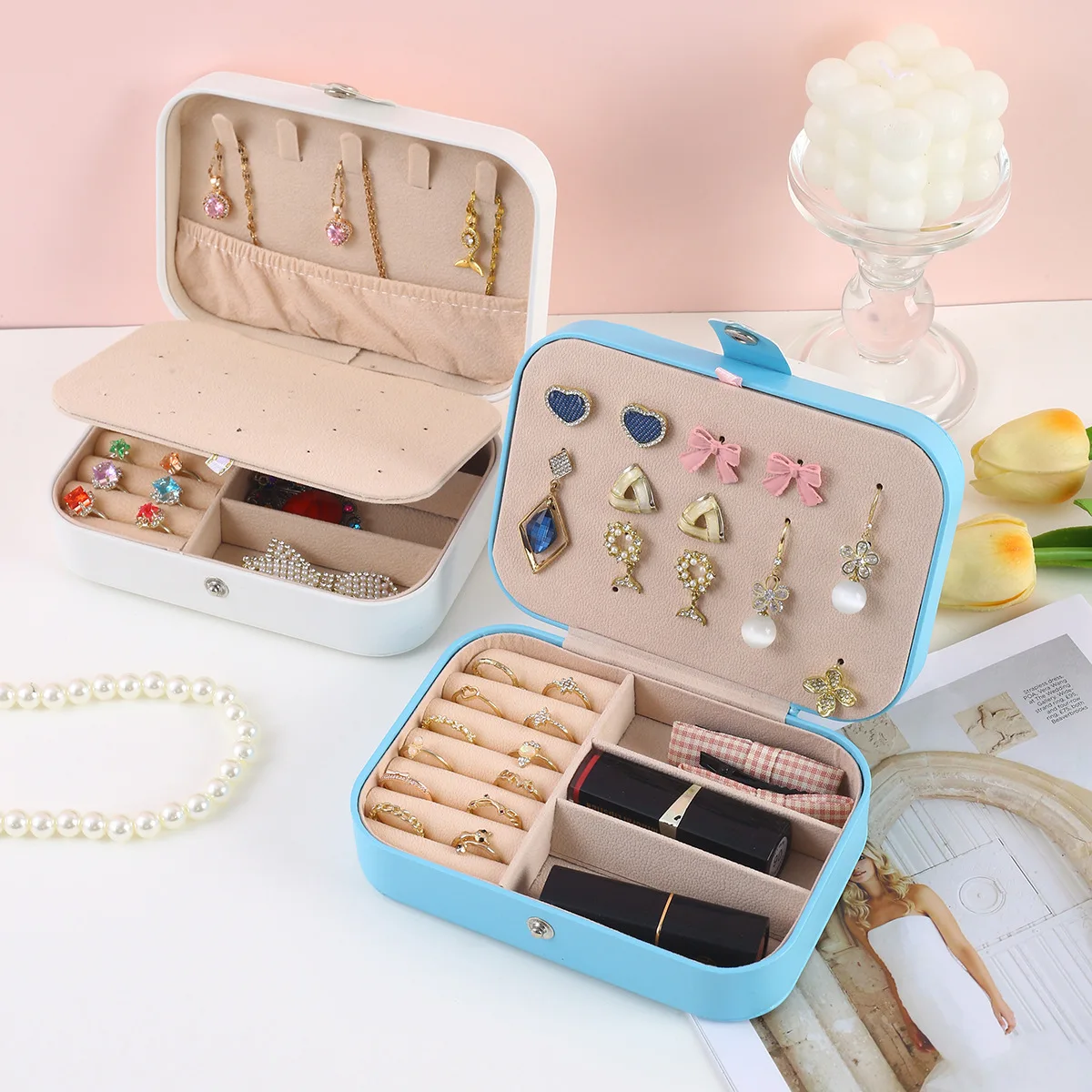 Small Leather Jewelry Box, Korean Storage Box, Portable, Small, Dresser, Earrings, Bracelet, Cross-border, Foreign Trade