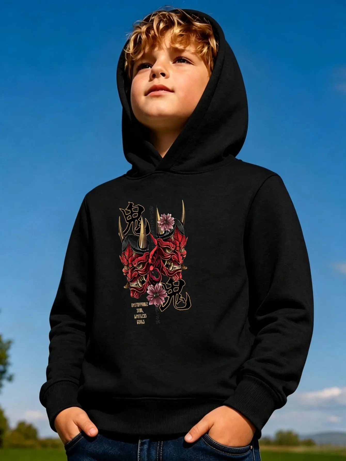 Children's Fleece-Lined Hooded Sweatshirt (Autumn/Winter): Warm, Casual Pullover Featuring Japanese Oni Mask and Floral Prints