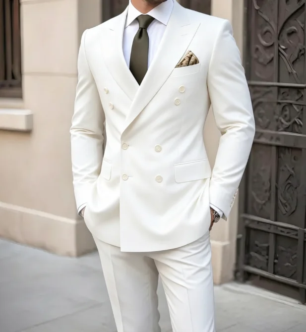 Men 2 Pieces Double Breasted Tuxedo Suit Forest Green Slim Fit Blazer Pants Peak Lapel For Wedding Groom Business Customized